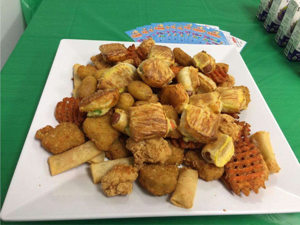 Hot Savories: Boneless chicken nuggets, veggie spring roles, sweet potato waffle, and breaded broccoli with cheddar cheese